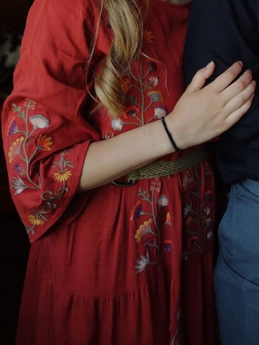 Roolee Rust Floral Embroidered Tiered Midi Dress
